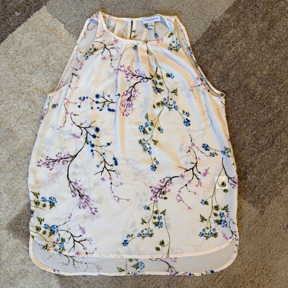 Carolina Belle Floral Halter Blouse White Purple Blue Sleeveless Keyhole Top S P